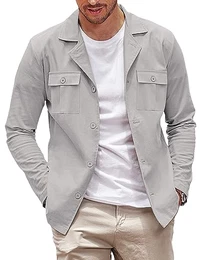 Lässige Herren-Hemdjacke, langärmelig, Button-Down-Overshirt, leichte Jacke mit Taschen, Hellgrau, XL