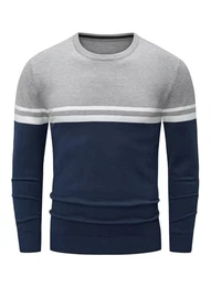 Pullover Herren Winter Strickpullover Gestreifter Kontrast Rundhalsausschnitt Feinstrick Pullover Warm Wollpullover Freizeitpullover Winterpullover Männer Langarmshirt Slim Fit Grau-11 M