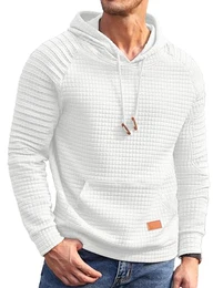 Hoodie Herren Kordelzug Jacquard Sweatshirt Kapuzenpullover Langarm mit Taschen Weiß M
