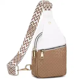 Sling Bag Damen Brusttasche Klein Crossbody Bag Stylisch Umhängetasche Bauchtasche PU Leder Schultertasche Leichte Rucksack für Outdoorsport, Reisen, Einkaufen, Frauen (Weiß Braun)