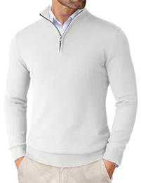 Herren Pullover Half Zip Herren Troyer mit Reißverschluss Stehkragen Pullover Arbeitspullover Slim Fit Weiß M