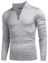 Herren Rollkragenpullover Stehkragen Troyer Pullover Stricktroyer Arbeitspullover Strickpullover Feinstrick Pullover mit ViertelreißVerschluss Hellgrau M