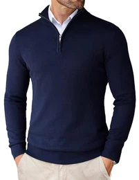 Herren Rollkragen Pullover 1/4 Zip Neck Strickpullover Zipper Winterpullover Warm Pulli Arbeitspullover Navy Sweater Blau L