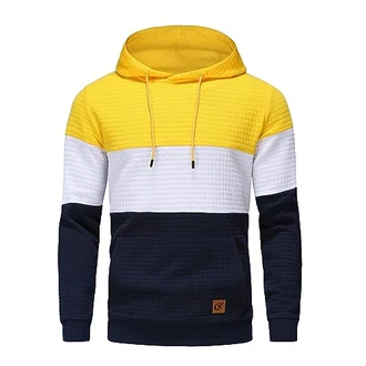 YuKaiChen Herren Patchwork Hoodie Langarm Kapuzenpullover mit Taschen Gelb/Weiß/Marine