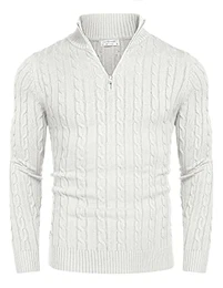 Herren Business Pullover Half Zip Slim Fit Feinstrick Winterpullover Sweater Zopfmuster Langarm Weiß M