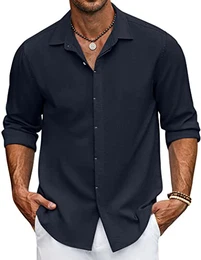 Hemden Herren Langarm Herren Leinenhemd Langarmshirt Freizeithemden für Herren Casual Regular Fit Shirt Herbst Persisches Blau M