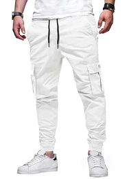 Jogginghose Herren Weiß Cargohose Einfarbig Hose Männer Causal Sporthose Elastische Freizeithose mit 6 Tasche M
