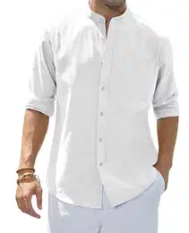 Leinenhemd Langarm Stehkragen Herren Hemd Casual Sommer Businesshemd Regular Fit Freizeithemd Beach Leichte Shirt Weiß M