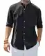 siliteelon Hemd Herren Langarm Schwarz Stehkragen Leinenhemd Männer Freizeithemd Regular Fit Sommerhemd,M