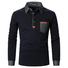 Poloshirt Herren Langarm Polo Shirts Baumwolle Farbe Nähen Tasche T-Shirt Slim Fit Golf Navy blau XL