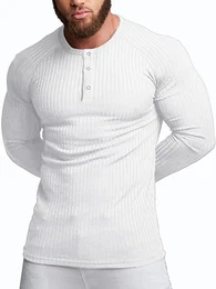 Herren Baumwolle Langarm Shirt,Schlanke Passform Muskelshirts,Casual Henley Shirt,Geripptes Tshirt(Weiß/M)