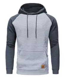 Hoodie Herren Kapuzenpullover Casual Patchwork Langarm Karierten Kordelzug Jacquard Sweatshirt mit Kapuze Taschen Hellgrau Grau M