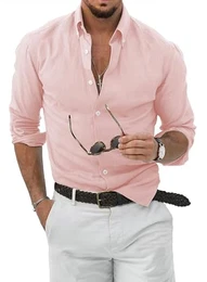Leinen Hemden Herren Bügelfreie Button Down Freizeithemd 2024 Fall Fashion Baumwolle Shirts Langarm Regular Fit Rosa M