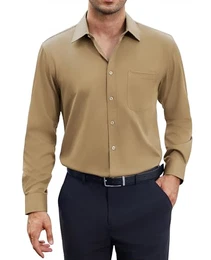 Herren Hemd Stretch Langarm Bügelfrei Regular fit Khaki Herrenhemd für Männer Eneinfach Freizeithnemde Businesshemd Anzug Hemd,M