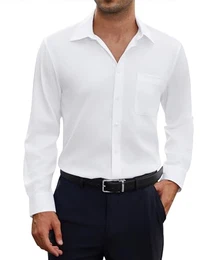 Herren Hemd Langarm Weißes Bügelfrei Hemden Weiss Matt Stretch Oberhemd für Männer Weiß Regular Fit Anzug Business Herrenhemd für mit Tasche Büro Arbeit Hochzeit