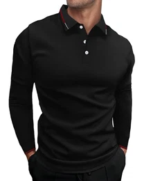 Herren Poloshirt-Langarm Poloshirt aus Baumwolle atmungsaktiv Golf Casual T-Shirt,Schwarz,M