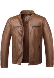 Herren Echtleder Jacke Biker Zipper Lederjacke 9104 Cognac M