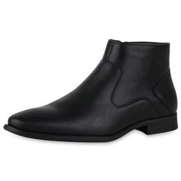 Klassische Herren Boots Elegante Leder-Optik Business Stiefeletten Basic Blockabsatz Schuhe Kurzschaft-Stiefel 126700 Schwarz 41