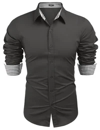 Herrenhemden Langarm Regular Fit Hemd Casual Button Down Freizeithemd Business Hemd Kariert Anzug Partyhemd Oberhemden Dunkelgrau M