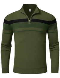 Pullover für Herren Quarter Zip Up Casual Gestreifte Pullover Polo Sweaters Herbst Winter Sweatshirts Leichtes Lässiger Strickpullover, Grün, M