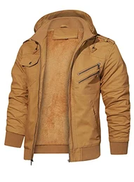 Herrenjacken Winter Thicken Fleece gefütterte Oberbekleidung Taktische Militär Cargo Jacke mit Kapuze,Khaki,M EU