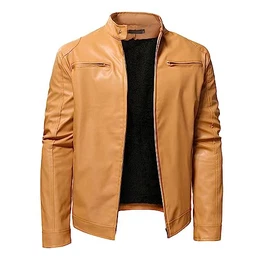 Herren-Motorradjacke aus Kunstleder, schmale Passform, weich, klassischer Stehkragen, lässiger Mantel, mit Reißverschluss, dick, warm, winddicht, Thermo-Windbreaker, Plüsch, khaki, M