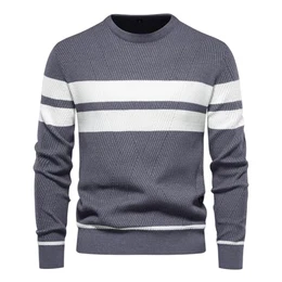 Gestreifter Strickpullover Herren Langarm Rundhals Pullover aus Baumwolle Weich und Warm Strickpullover Elastisch Feinstrickpullover Männer Basic Pulli Slim Fit A Grau S