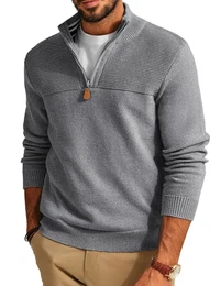 Troyer Herren Strickpullover mit Reissverschluss Winter Pullover V Ausschnitt Grau M