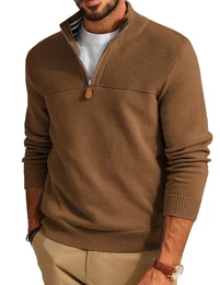 Troyer Herren Strickpullover mit Reissverschluss Winter Pullover V Ausschnitt Braun M