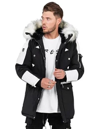 . Herren langer Parka warme Winterjacke mit Kapuze & Kunstfell Jacke Mantel SD_019-Weiß-Black-L