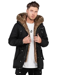 Herren langer Parka warme Winterjacke mit Kapuze & Kunstfell Biker-Jacke Mantel SOUL_7250-Schwarz-XXL
