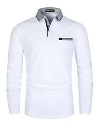 Herren Poloshirt Basic Langarm aus Reiner Baumwolle Casual Polohemd Slim Fit Kontrastfarbe Golf T-Shirt,Weiß 02,M