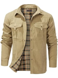 Herren Karierte Flanellfutter Jacke Hemdjacke Übergangsjacke Leicht Stehkragen Feldjacke Cargo Herbstjacke Snap Western Cowboy Jacken 3268 khaki L