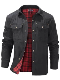 Herren Karierte Flanellfutter Jacke Hemdjacke Übergangsjacke Leicht Stehkragen Feldjacke Cargo Herbstjacke Snap Western Cowboy Jacken 3268 Black M