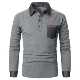Poloshirt Herren Langarm Polo Shirts Baumwolle Farbe Nähen Tasche T-Shirt Slim Fit Golf grau XL