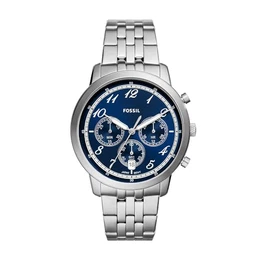 Neutra uhr für Herren, Chronographenwerk mit Edelstahl- oder Lederarmband, Silberton und Blau, 44MM