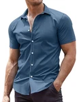 COOFANDY Herren Hemd Kurzarm Businesshemden Stretch Formales Hemd Grau/Blau