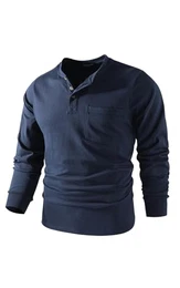 Herren Henley Shirt Longsleeve Langarmshirt Männer DREI Taste Knopfleiste Baumwolle Beiläufig Hemden Heavyweight T-Shirt mit Grandad-Ausschnitt 888 Blue XL