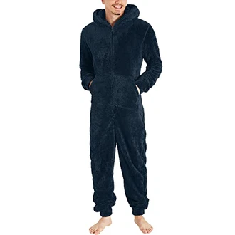 Herren Einteiler Schlafanzug Onesie Schlafoveralls Mit Kapuze & Reißverschluss Schwarz