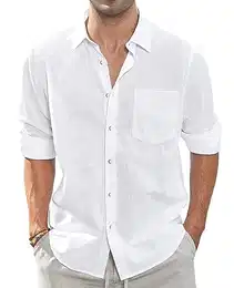 J.VER Leinenhemd Herren Weißes Langarm Freizeithemd Regular Fit Sommerhemd Knopfleiste Linen Shirt Einfarbig Casual Shirt Strandoberteil,Weiß,M