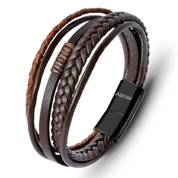 Lederarmband für Männer, Herren Armband, Wickelarmband mit Magnet Verschluss, Geflochten Leder Armreif Schwarz Magnetverschluss aus Edelstahl Inklusive Schmuckschachtel Geschenk für Männer