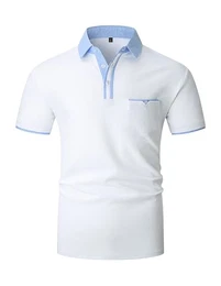 Herren Poloshirt Kurzarm,100% Baumwolle,Sommer Slim Fit Sports Golf Polohemd Blau Patchwork Kragen T-Shirt M-3XL,Weiß,M
