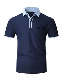 Poloshirt Herren T Shirts Männer Kurzarm Kontrastfarbe Ausschnitt Baumwolle Sommer Golf Sports,M,Blau-41
