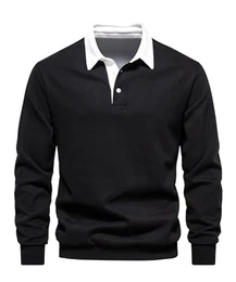 Herren Sweatshirt Poloshirt Leichtes Langarmshirt Atmungsaktiv Casual Baumwolle T-Shirts Autumn Winter Klassisch Fit Mode T Hemden Rugby Hemden mit 3-Knopfleiste