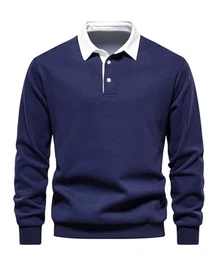 Herren Sweatshirt Poloshirt Leichtes Langarmshirt Atmungsaktiv Casual Baumwolle T-Shirts Autumn Winter Klassisch Fit Mode T Hemden Rugby Hemden mit 3-Knopfleiste