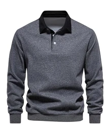 Herren Sweatshirt Poloshirt Leichtes Langarmshirt Atmungsaktiv Casual Baumwolle T-Shirts Autumn Winter Klassisch Fit Mode T Hemden Rugby Hemden mit 3-Knopfleiste