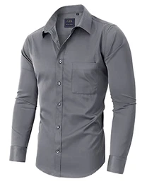 Herren Hemd Langarm Stretch Grau Oberhemd Regulr Fit Businesshemd Anzug Hemd Herren für Männe Arbeit Büro Party M