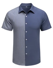 Herrenhemd Kurzarm Gestreiftes Hemd Regular Fit Hawaiihemd Button down Sommerhemd Casual Freizeithemd Dunkelblau XXL