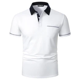 Herren Poloshirt Kurzarm Basic Button T-Shirt mit Tasche Weiß M