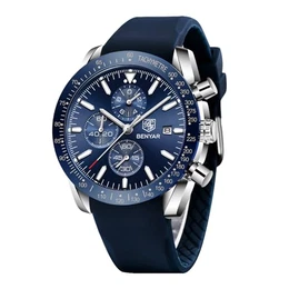 Herren Analoger Chronograph Quarzuhr 30M Wasserdicht Leuchtende Datumsanzeige Freizeituhr Sport Lederuhr.(Gummi Silber Blau)